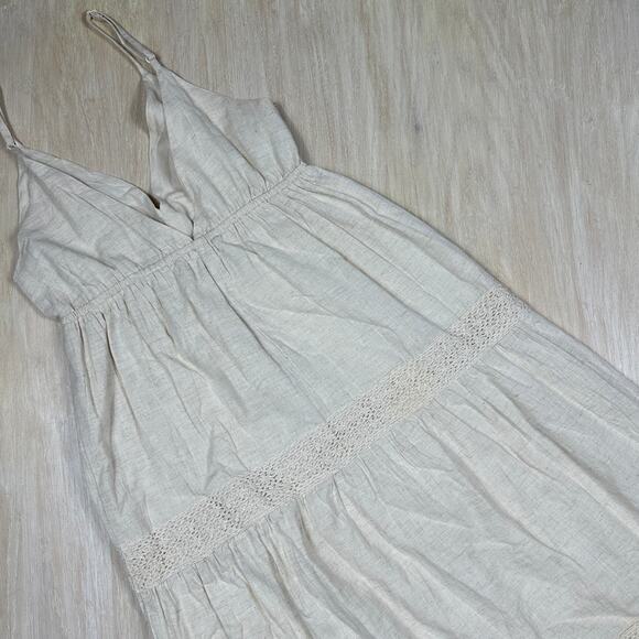 Sim & Sam Beige Linen Blend Crochet Coastal Beach Boho Tiered Midi Dress Small - Picture 13 of 14